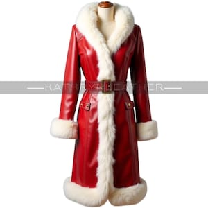 Red Leather Santa Coat: Plush Fur Trim, Tailored Fit
