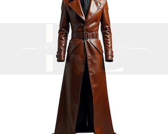 Handmade Leather Long Coat: Women's Brown Belted Gothic Style