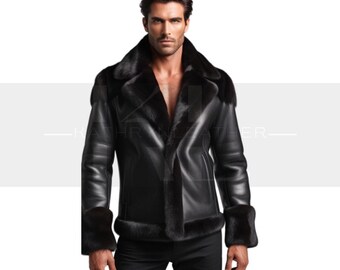 Handmade Black Leather Jacket with Dark Fur Trim