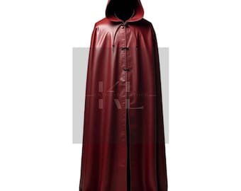 Langer Mittelalter Roter Leder Umhang mit Kapuze - Gothic Fantasy Cosplay Umhang