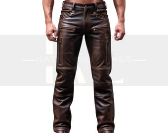 Herren Braun Lederhose: Handgefertigte Slim Fit Motorrad Style