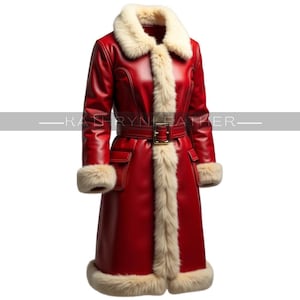 Red Leather Santa Coat: White Fur Trim, Holiday Costume