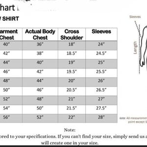 May include: A size chart for jackets, coats, and shirts, with measurements in inches. The chart includes sizes from X-Small to 5X-Large, detailing garment chest, actual body chest, cross shoulder, and sleeve lengths. A diagram illustrates measurement points.