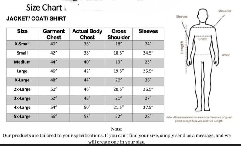 May include: A size chart for jackets, coats, and shirts, with measurements in inches. The chart includes sizes from X-Small to 5X-Large, detailing garment chest, actual body chest, cross shoulder, and sleeve lengths. A diagram illustrates measurement points.