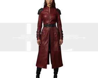 Gabardina gótica de cuero rojo oscuro – Chaqueta de armadura para cosplay para hombre