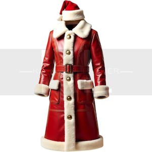 Handmade Red Leather Santa Coat: Plush Fur Trim, Elegant Holiday Style