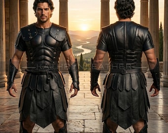 Black Leather Medieval Armor-Black Warrior Costume-Fantasy Warrior Outfit-Medieval Battle Outfit-LARP Costume-Roman Greek Style-