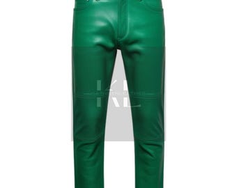 Men's Green Leather Pants: Slim Fit, Straight Leg