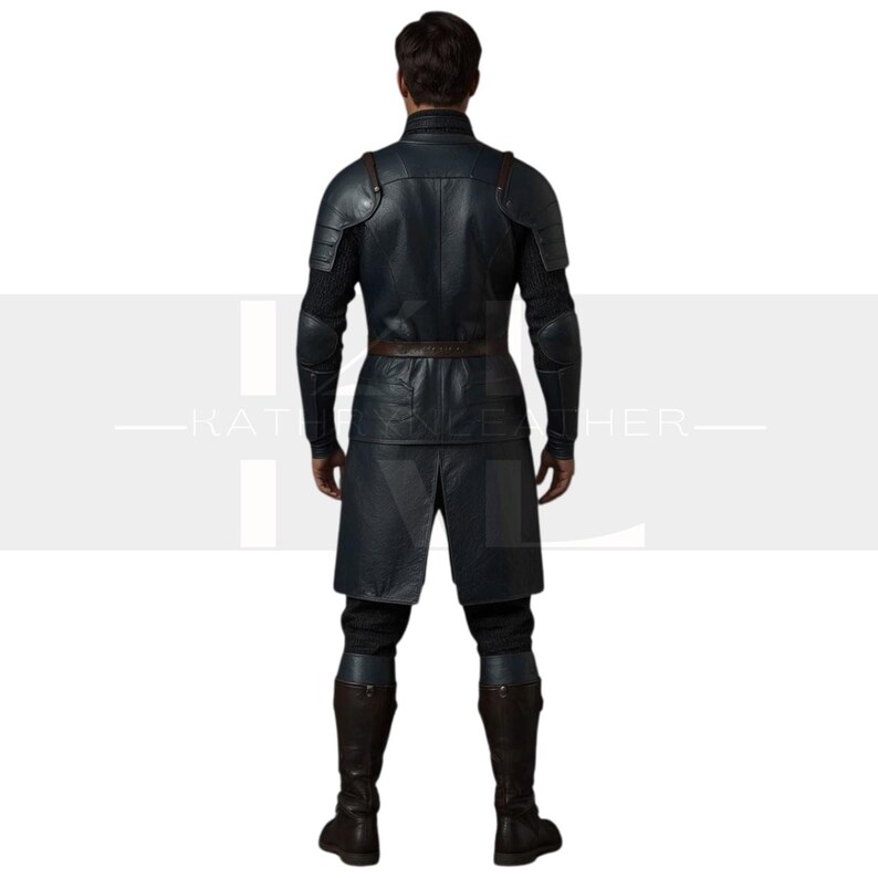 May include: A dark blue leather costume with a high collar, shoulder pads, and a brown belt. The outfit includes a long-sleeved jacket, knee-length skirt, and tall boots. The back view of the costume is shown.