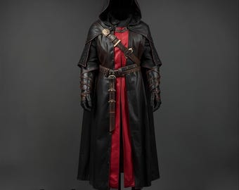Handmade Black Medieval Costume: Hooded Cloak Cosplay Armor Set