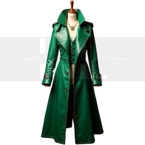 Emerald Leather Trench Coat with Vest – Gothic Steampunk Long Overcoat for Women
