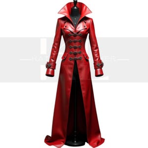 Roter Leder Trenchcoat im Steampunk Militärstil, taillierte Gothic-Oberbekleidung