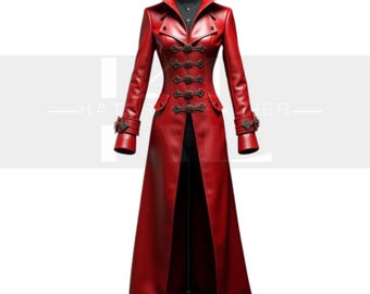 Red Leather Trench Coat: Steampunk Military Style, Fitted Gothic Outerwear