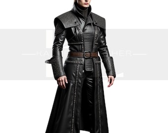 Black Armored Leather Trench Coat – Gothic Steampunk Cosplay Jacket for Men
