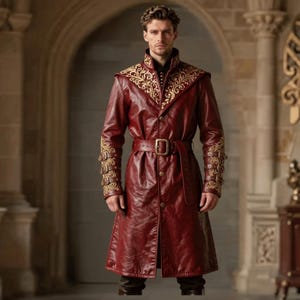 Abrigo largo de cuero rojo / Chaqueta de fantasía medieval / Gabardina de guerrero gótico / Abrigo de cosplay para hombre y mujer / Cuero hecho a mano a medida