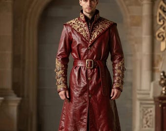 Roter Leder Langer Mantel | Mittelalterliche Fantasy-Jacke | Gothic Kriegerinnengraben | Männer & Frauen Cosplay Mantel | Kundenspezifisches handgemachtes Leder