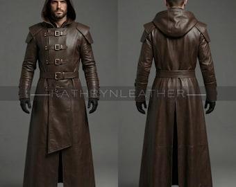 Gothic Hooded Leather Coat Men | Medieval Long Trench Coat | Fantasy Warrior Cloak-Mens Brown Leather Hooded Coat-Viking  Leather coat-
