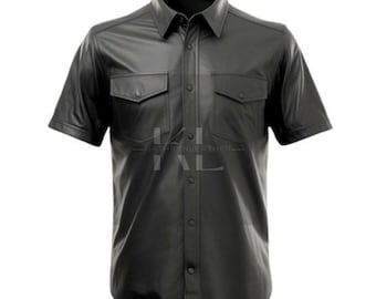 Handmade Black Leather Shirt: Men's Slim Fit, Half Sleeves Collared Shirt