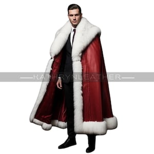 Handcrafted Red Leather Santa Cape: Plush Fur Trim, Full-Length Holidays Cloak