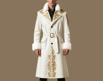 Weißer Leder-königlicher Mantel | Mittelalterliche Fantasy-Jacke | Gold Stickerei Pelzmantel | Männer & Frauen Cosplay | Kundenspezifisches handgemachtes Leder