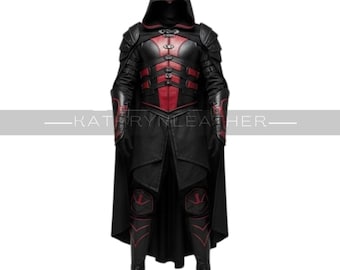 Medieval Black & Red Assassin Leather Armor Suit– Hooded Cosplay Full Body Costume