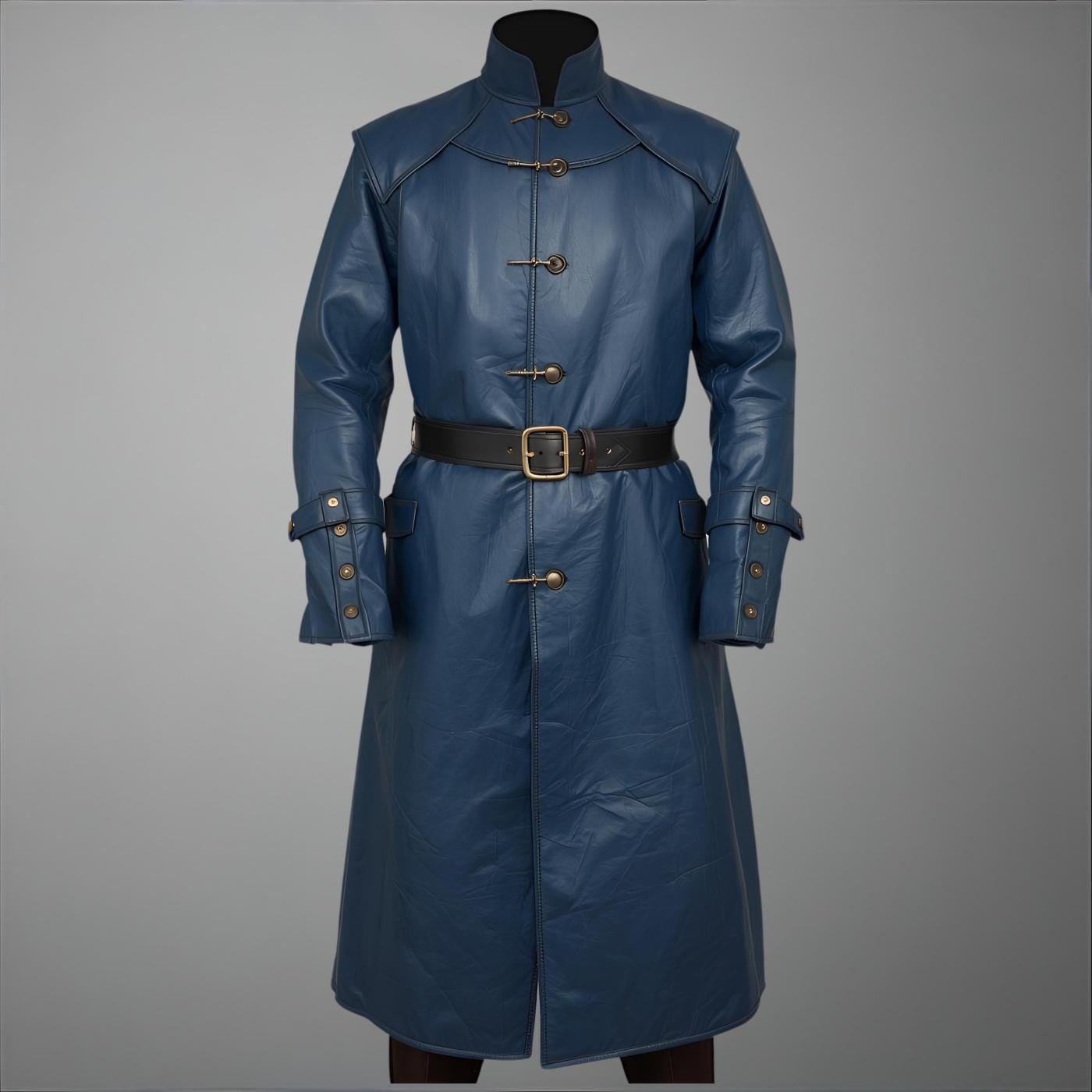 Blue Leather Trench Coat | Gothic Steampunk Cosplay Jacket | High