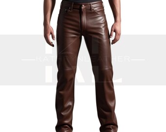 Handmade Brown Genuine Leather Pants - Classic Five-Pocket Design