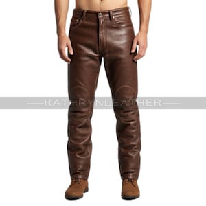 Men’s Brown Straight-Leg Fit with Reinforced Knees Leather Pants - Durable Handcrafted Streetwear Leather Trousers for Men - Gift for him