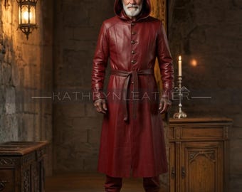 Red Leather Hooded Coat Set - Long Trench Coat - Medieval Fantasy Outfit- Cosplay Warrior Costume-