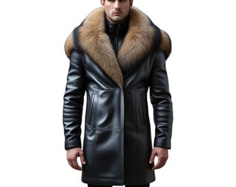 Könnte beinhalten: Ein schwarzer Ledermantel mit Pelzkragen. Der Mantel ist knielang und hat einen Reißverschluss. Der Pelzkragen ist hellbraun. Die Person auf dem Bild trägt eine schwarze Hose.