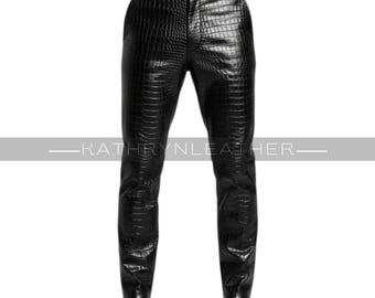 Krokodil geprägte Lederhose: Slim Fit, hohe Taille