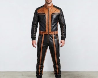 Handgefertigte zweifarbige Lederjacke & Hose — schwarzes und braunes Leder Set — Biker Cosplay Outfit
