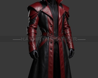 Gothic Red Black Leather Coat | Fantasy Warrior Trench Coat | Cyberpunk Long Jacket-Mens Gothic Trench Coat-Medieval Warrior Long Coat mens-