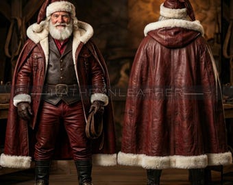 Red Leather Santa Coat with Fur Trim Hood – Christmas Cosplay Outfit-