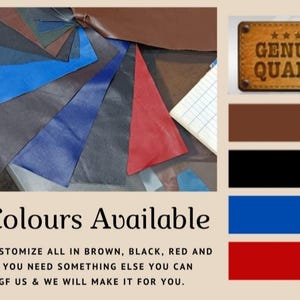 May include: A display of leather swatches in various colors, including brown, black, blue, and red. The image includes the text "All Colours Available" and "Genuine Quality."