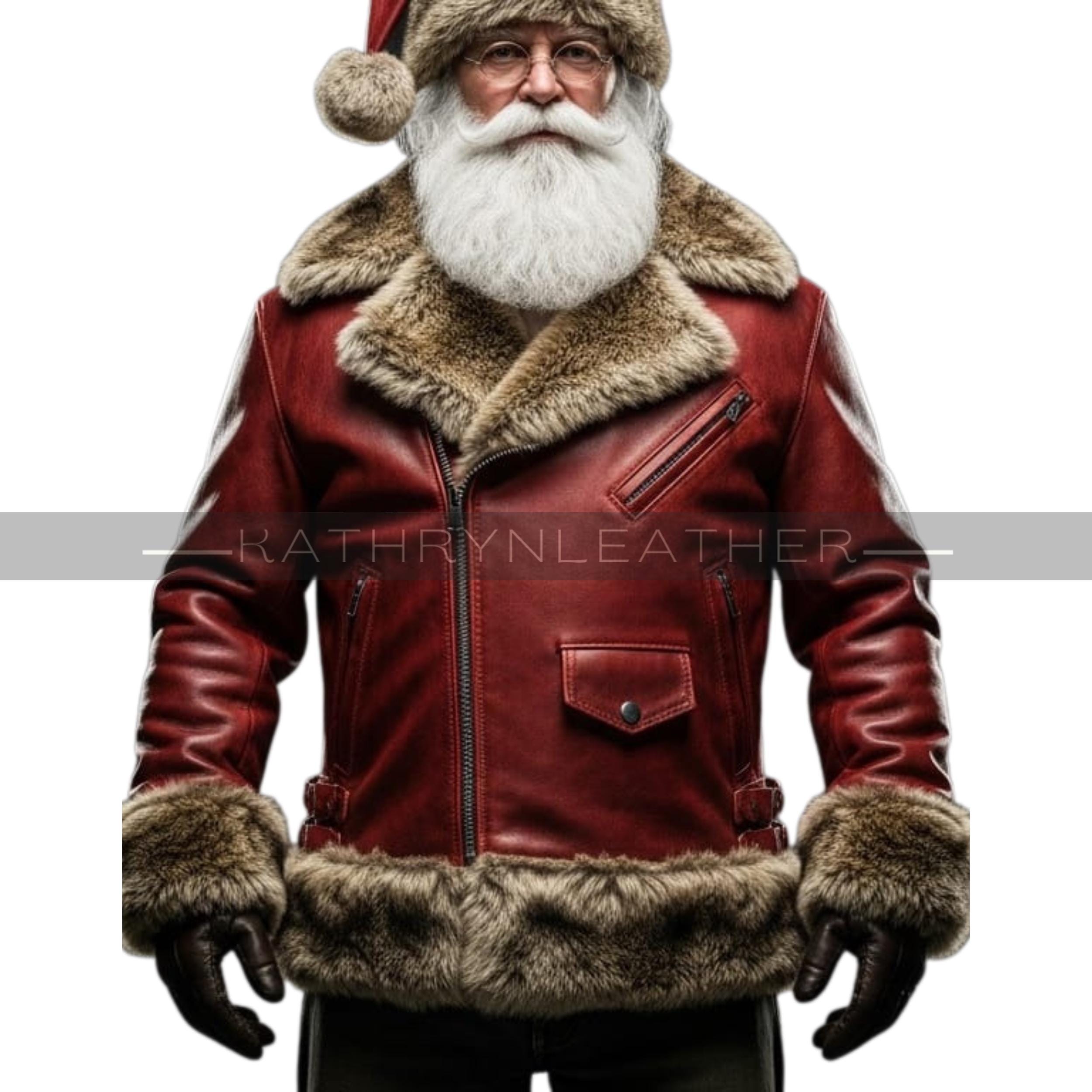 Handcrafted Leather Santa Jacket & Hat Set: Fur Trim Christmas