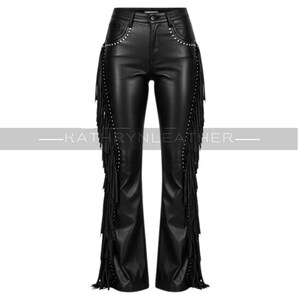 Women&#39;s Leather Fringe Pants with Studded - High-Waisted Bell Bottoms - Western Festival Trousers