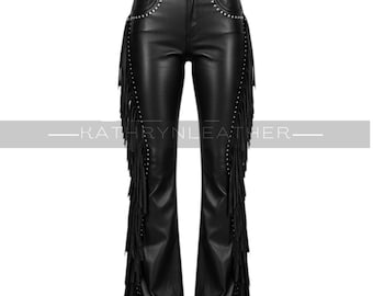Women's Leather Fringe Pants with Studded - High-Waisted Bell Bottoms - Western Festival Trousers