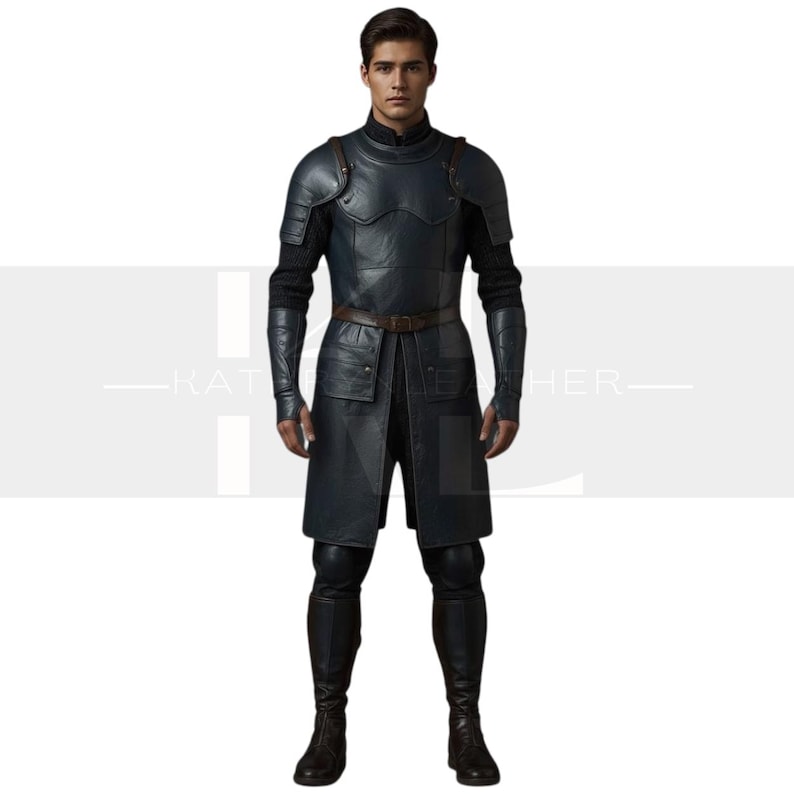 May include: A full-length image of a dark blue leather armor set. The armor includes a chest plate, shoulder guards, and a long coat with a belt. The outfit is completed with black pants and boots. The armor is designed with a medieval aesthetic.