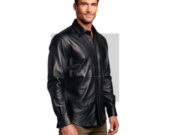 Men’s Black Leather Shirt – Handmade Real Leather Button-Up