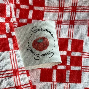 Retro Circle Clothing Labels - Personalized Fold Over Sewing Tags for Handmade Items, Custom Text on Organic Cotton