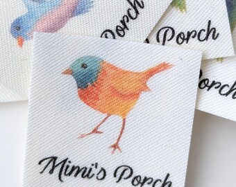 Set of 75 Kids Name Tags: Organic Cotton, Watercolor Bird Design