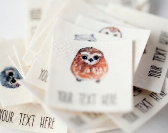 Watercolor Owl Adhesive Labels - iron on cotton labels, personalized tags for handmade items (sewing, knitting, and crochet)