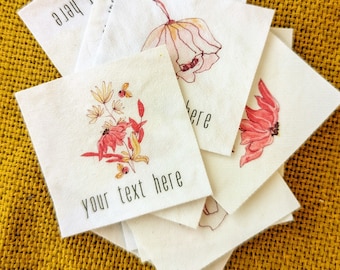 Floral Sewing Labels - white cotton tags printed with personalized text and delicate watercolor flowers, set of 15