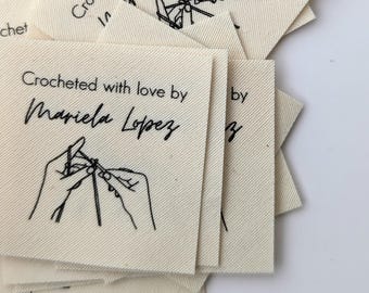 Étiquettes au crochet personnalisées pour articles faits main et cadeaux en coton biologique (étiquettes en tissu)