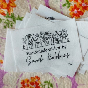 Custom Cotton Labels - Personalized Fabric Tags for Clothing or Handmade Items, with Floral Border and Your Text