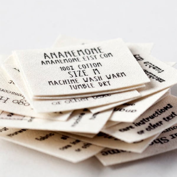 Iron On Care Labels for Clothing or Knitting - custom printed garment tags, organic cotton with adhesive