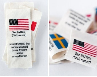 Custom Care Fabric Labels, Organic Cotton Garment Tags with Country Flag (made in USA label) for Handmade Items and Clothing