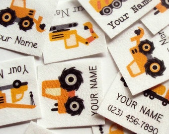 75 Kid's Clothes Labels, organic iron on name tags with trucks, adhesive