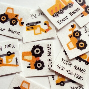 75 Kid's Clothes Labels, organic iron on name tags with trucks, adhesive image 1